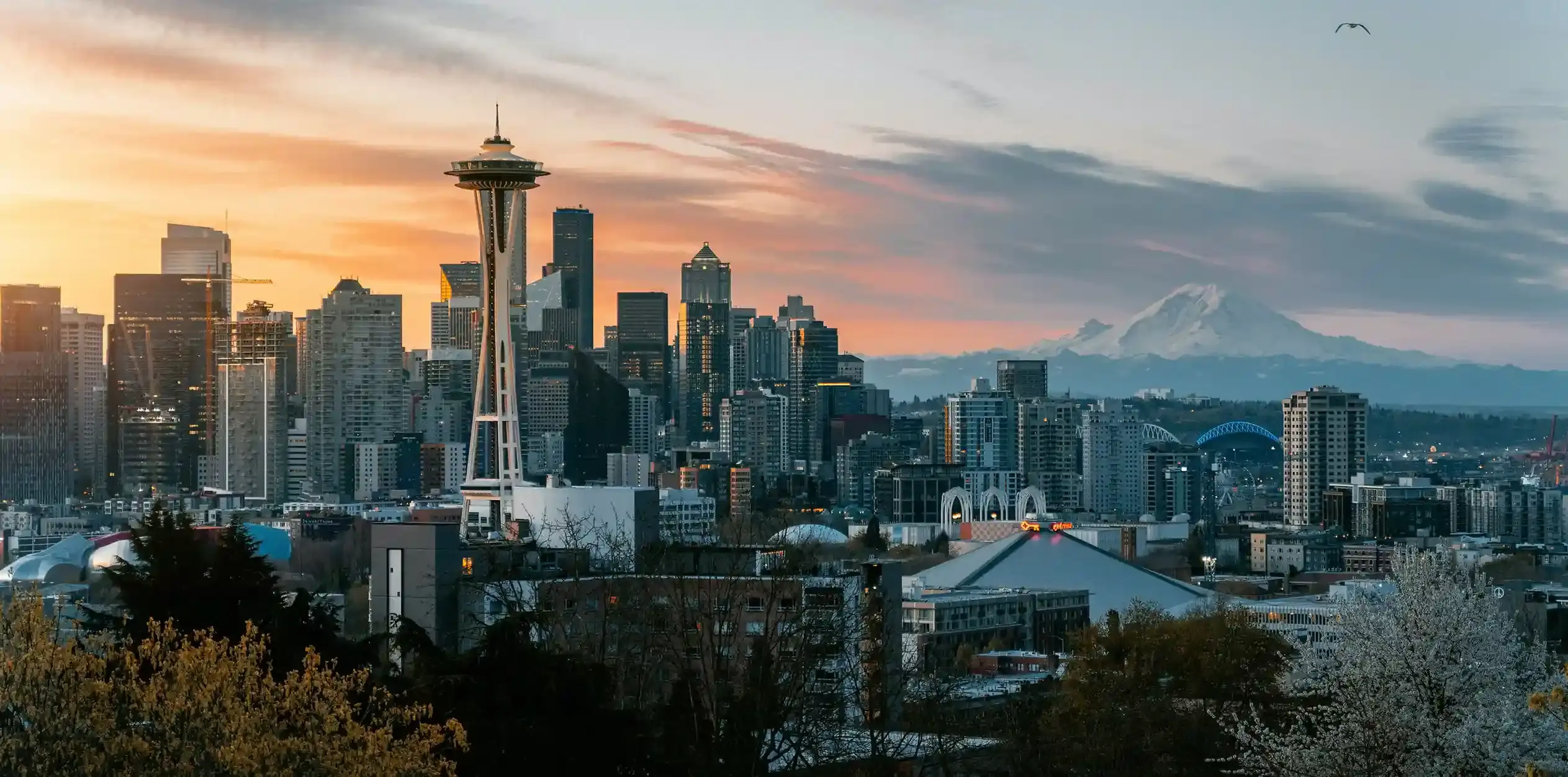 A picture of the Seattle skyline at sunset, prominently featuring the Space Needle